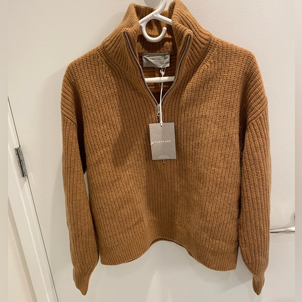 Everlane Felted Merino half zip, deep camel, size S. NWT